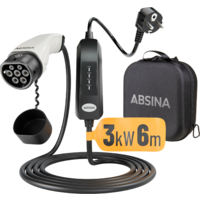 Absina Mobile Ladestation Typ 2 zum Laden an Haushaltssteckdosen f&uuml;r Elektroautos 3 kW / 13 A / 6 Meter