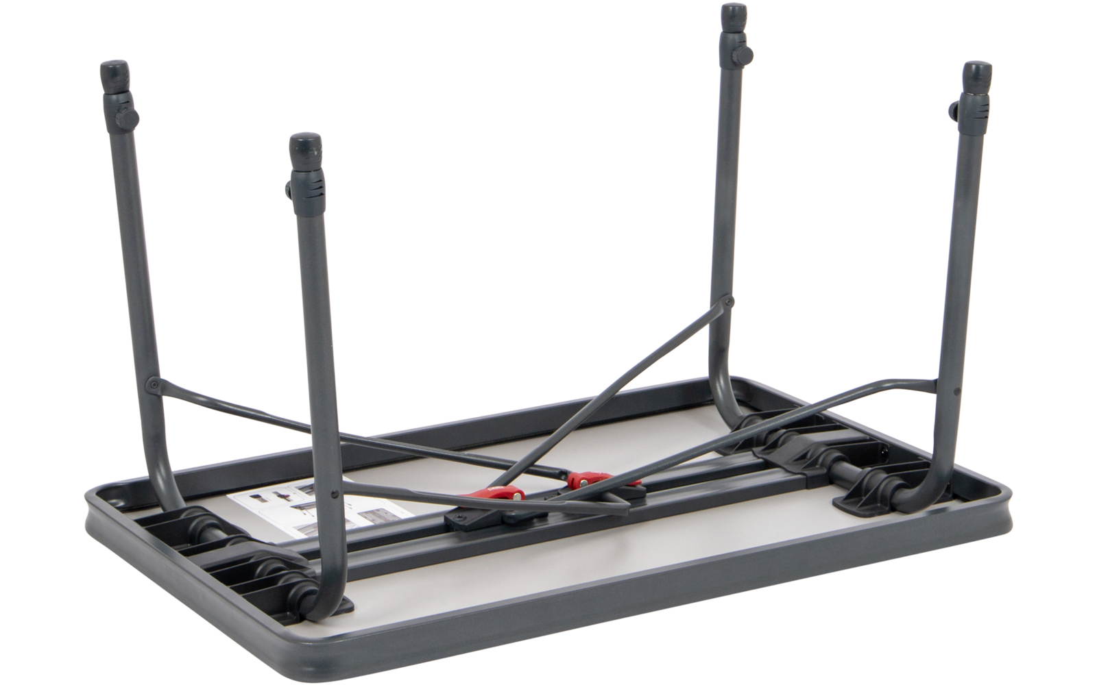 Ein umgedrehter schwarzer Tisch mit Metallbeinen