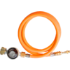 Orange coiled hose with metal fittings and a round pressure gauge