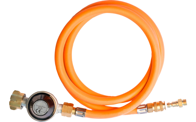 Orange coiled hose with metal fittings and a round pressure gauge