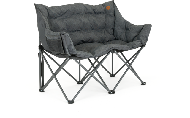 Klappbarer zweisitziger Campingstuhl mit gepolstertem, dunkelgrauem Stoffbezug