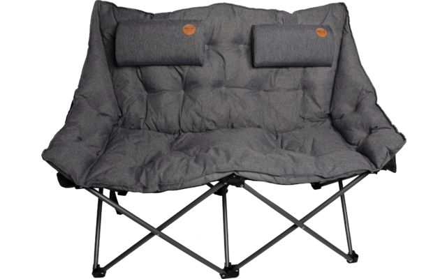 Grau gepolsterte, faltbare Zweisitzbank mit gesteppter Oberfläche, zwei rechteckigen Polstern und schwarzem Metallgestell in X-Form