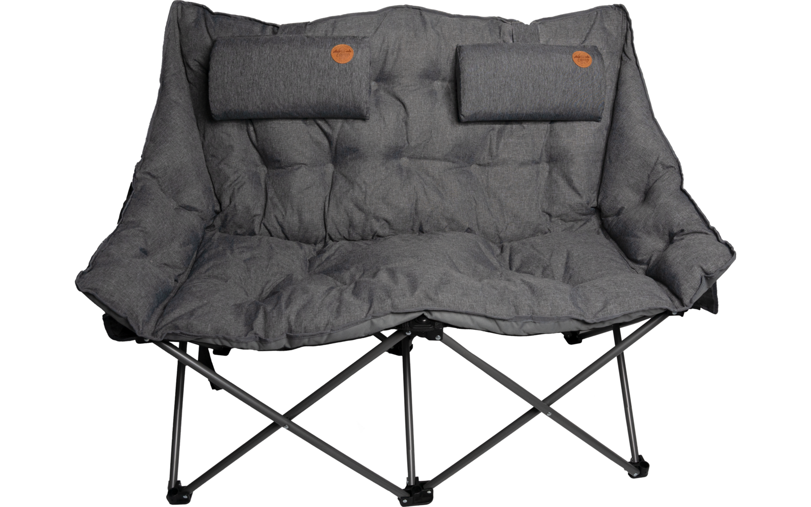 Grau gepolsterte, faltbare Zweisitzbank mit gesteppter Oberfläche, zwei rechteckigen Polstern und schwarzem Metallgestell in X-Form