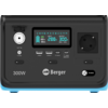 Schwarzes Bedienfeld mit Display (zeigt INPUT 288W, OUTPUT 300W, Batterie-Symbole), links 12V-Buchse, zwei USB-A-Ports, ein USB-C-Port, rechts runde europäische Steckdose, Beschriftungen '300W' und 'Berger', schwarzer Power-Knopf