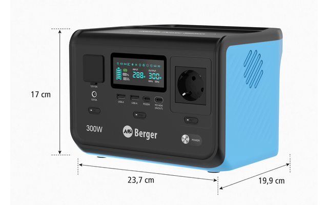 Schwarzes Gerät mit blauem Seitenteil, digitales Display mit Zahlen, runde Steckdose, mehrere Tasten und Anschlüsse, Aufschrift "Berger" und "300W", Maßangaben 17 cm, 23,7 cm, 19,9 cm