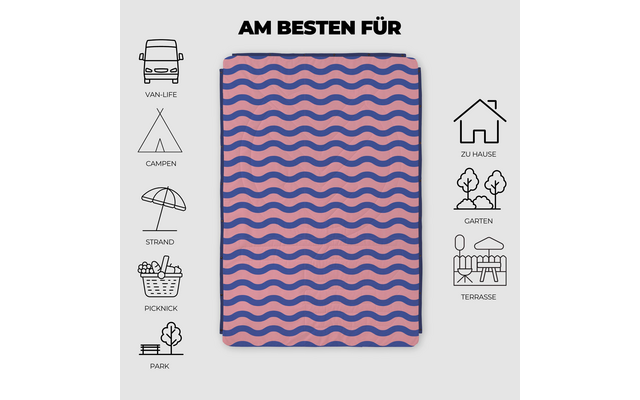 Rosa Decke mit lila wellenförmigen Streifen, mittig auf hellgrauem Hintergrund; darüber schwarzer Text 'AM BESTEN FÜR'; links und rechts schwarze Piktogramme mit deutschen Beschriftungen