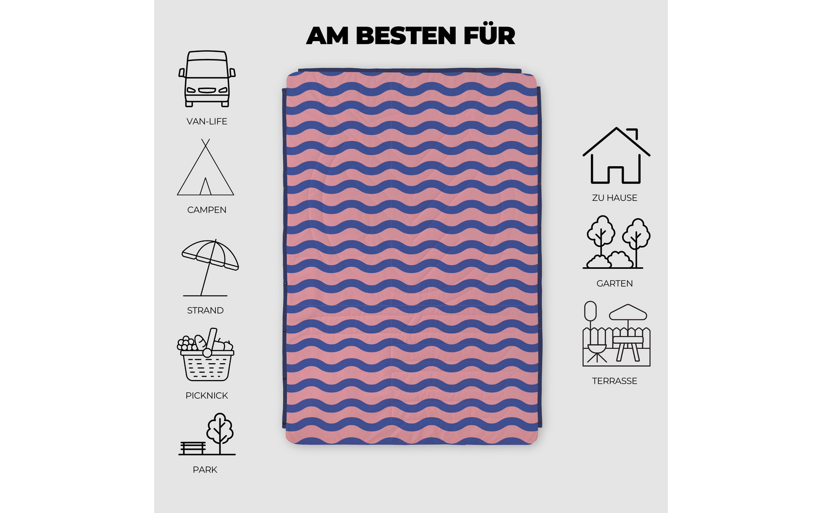 Rosa Decke mit lila wellenförmigen Streifen, mittig auf hellgrauem Hintergrund; darüber schwarzer Text 'AM BESTEN FÜR'; links und rechts schwarze Piktogramme mit deutschen Beschriftungen