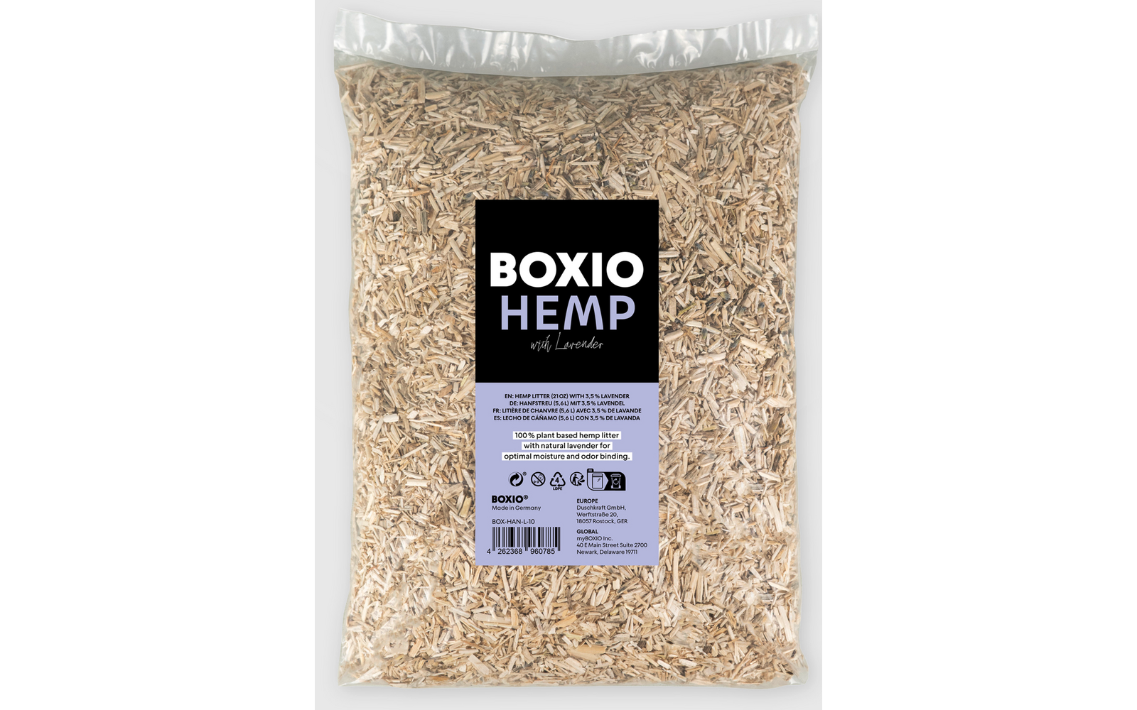 Busta di plastica con semi di canapa, etichetta con la scritta Boxio Hemp