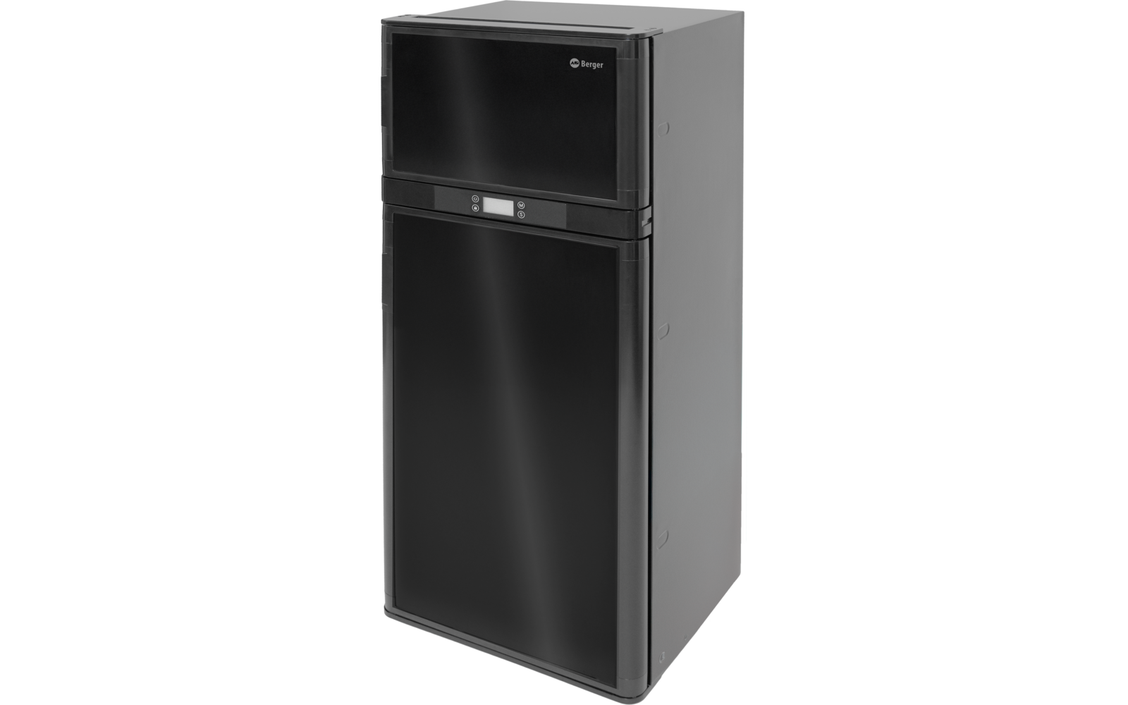 Kleiner schwarzer Kühlschrank mit zwei Türen, kleinem Display und grauen Seitenwänden