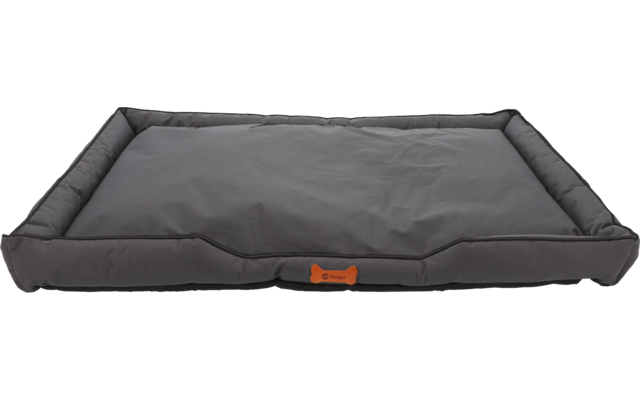 Rechteckiges graues Haustierbett mit erhöhtem Rand und einer orangefarbenen Lasche vorne