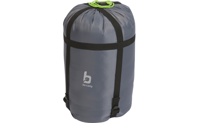 Sac cylindrique gris avec sangles noires, cordon de serrage vert et logo blanc "bo-camp"