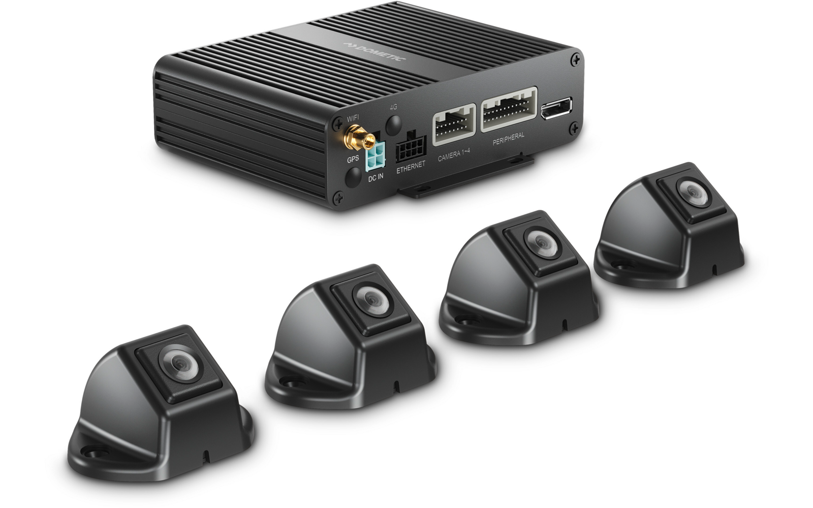 Vier kleine schwarze Mikrofone neben einem schwarzen Gerät mit Anschlüssen