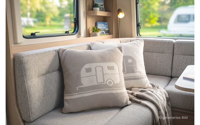 Lichtgrijze beklede zitbank met twee sierkussens met caravanmotief, opgevouwen deken, raam met vage blik op bomen en een caravan, plank met een plant en een lamp