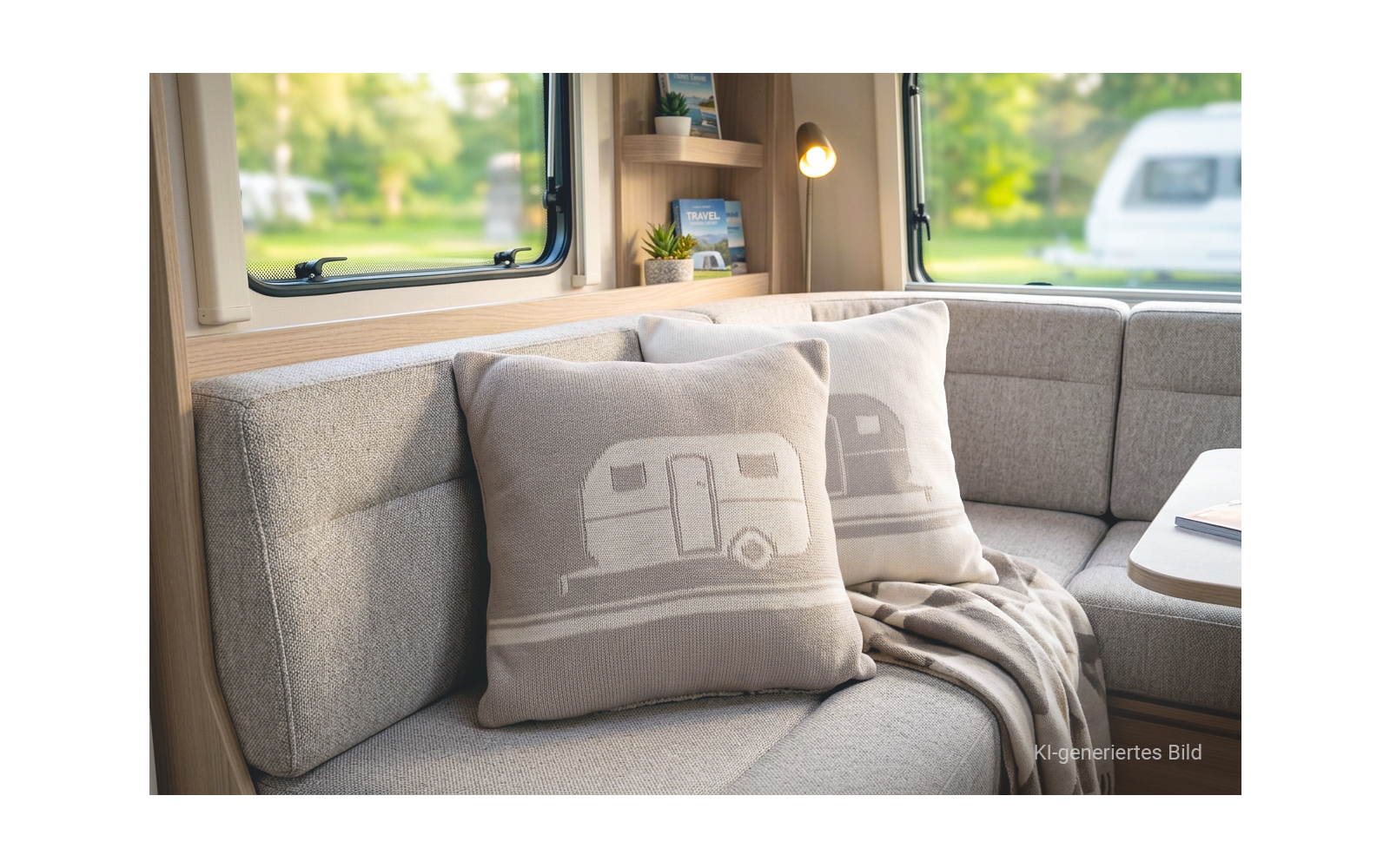 Lichtgrijze beklede zitbank met twee sierkussens met caravanmotief, opgevouwen deken, raam met vage blik op bomen en een caravan, plank met een plant en een lamp