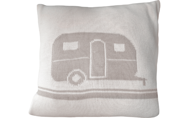 Vierkant wit kussen met gebreid caravanmotief in beige/lichtgrijs en twee horizontale strepen onderaan