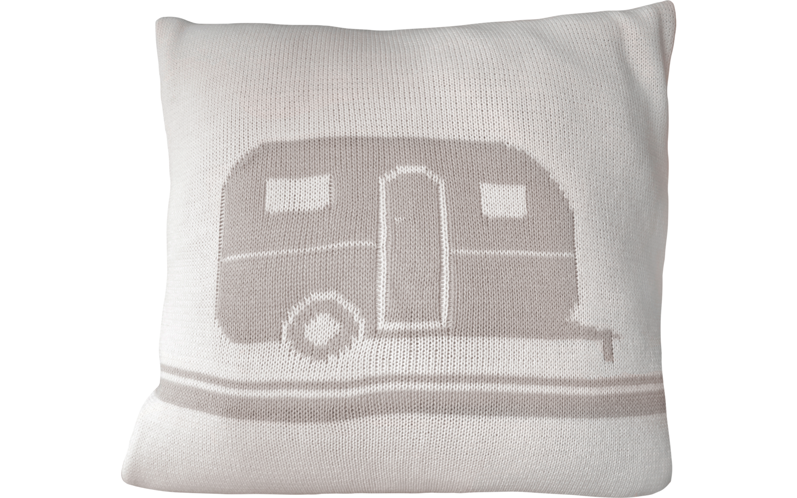 Vierkant wit kussen met gebreid caravanmotief in beige/lichtgrijs en twee horizontale strepen onderaan