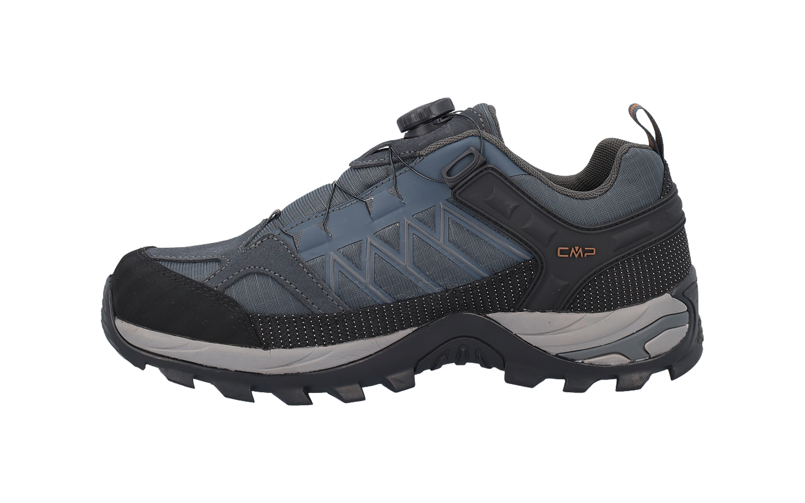 Graublauer Schuh mit Schnürung, profilierter Gummisohle und sichtbarem 'CMP'-Logo an der Außenseite