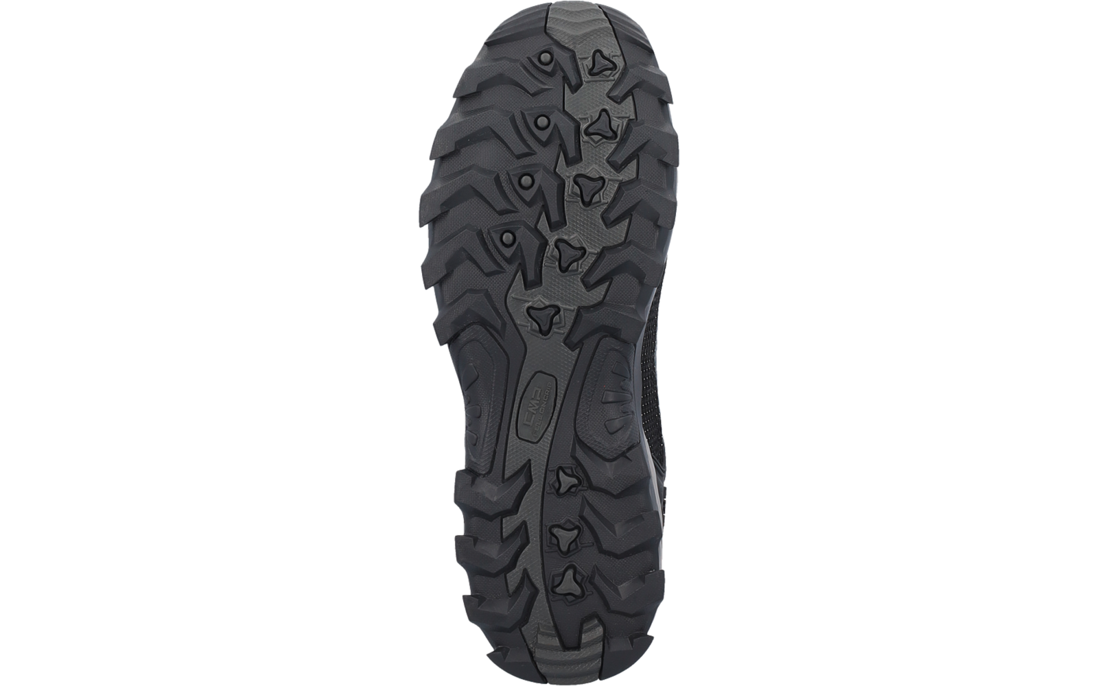 Schwarze Schuhsohle mit tiefem Profil und markanten Stollen