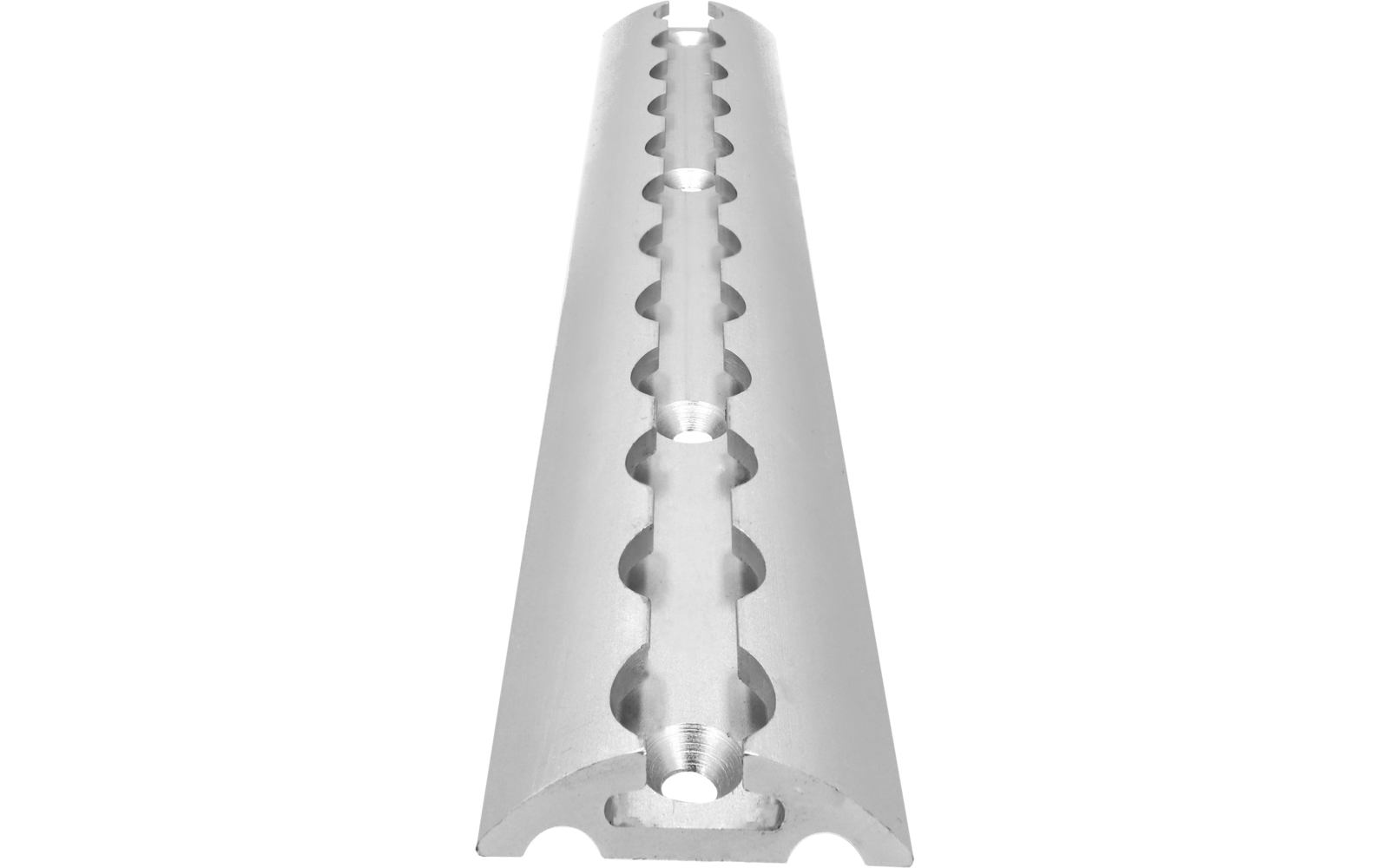 Long silver metal piece with a central channel, rows of semicircular cutouts and round openings at both ends