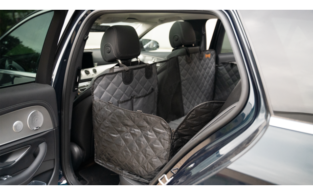 Offenes Autotür mit schwarzer Rücksitzbank und zwei gepolsterten Schutzbezügen