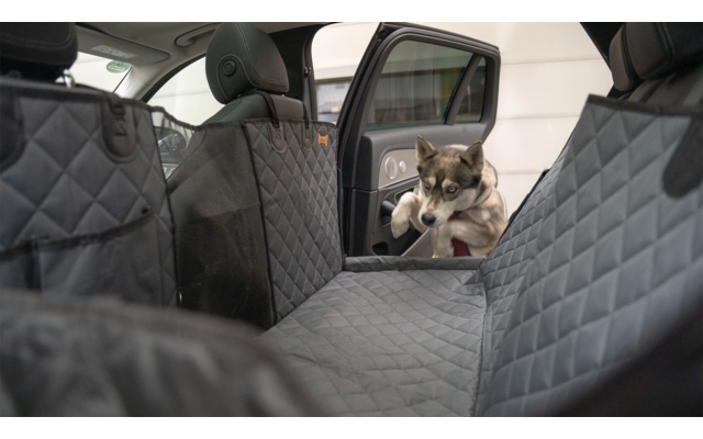 Innenraum eines Fahrzeugs mit Sitzbezügen und geöffneten Türen