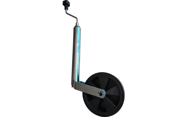 Metallrohr mit Kurbelgriff oben, Metallhalterung und schwarzes Rad mit sechs Speichen