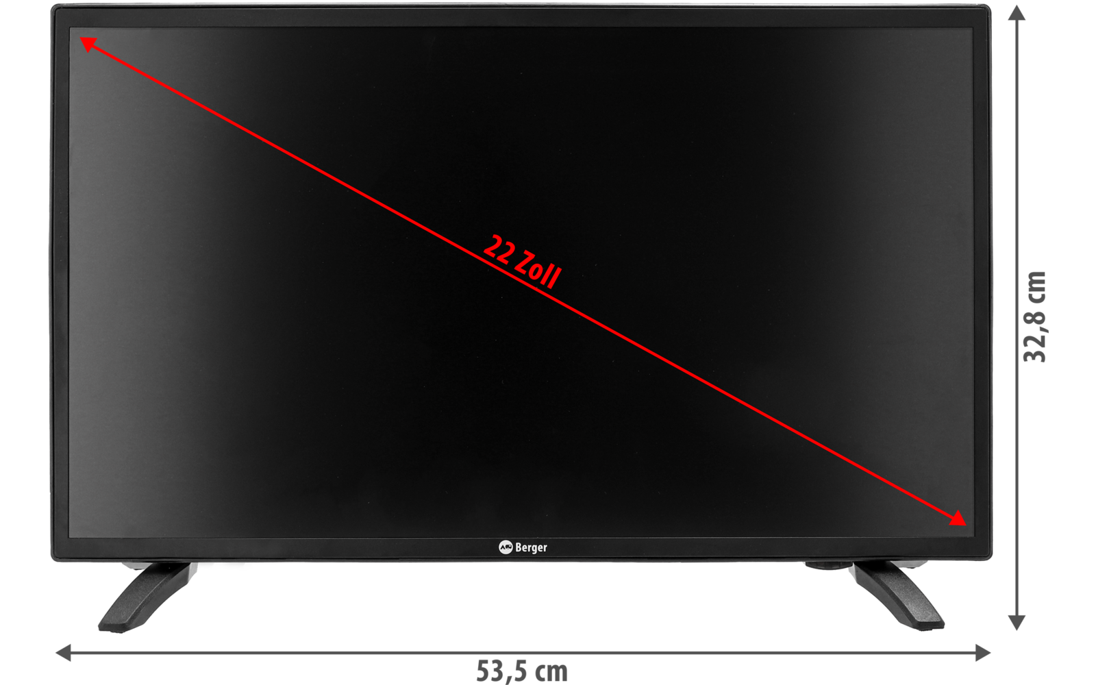 Écran plat noir avec bord fin sur deux pieds, ligne diagonale rouge marquée '22.2in', flèches de mesure grises à droite et en bas, petit logo centré en bas