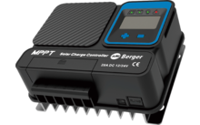 Schwarzes elektronisches Ladegerät mit Display und Lüftungsschlitzen