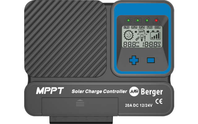 Black MPPT solar charge controller with blue-framed LCD showing icons and digits, plus/minus buttons, diagonal textured panel, labels MPPT Solar Charge Controller, Berger, 20A DC 12/24V and CE mark