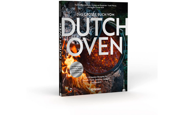Cover eines Buches mit großer Titelaufschrift DUTCH OVEN und dem Zusatz DAS GROSSE BUCH VOM; Foto eines Topfes mit sichtbarem Essen, Glut und Flammen; runder weißer Aufkleber mit Text; Buch auf weißem Hintergrund
