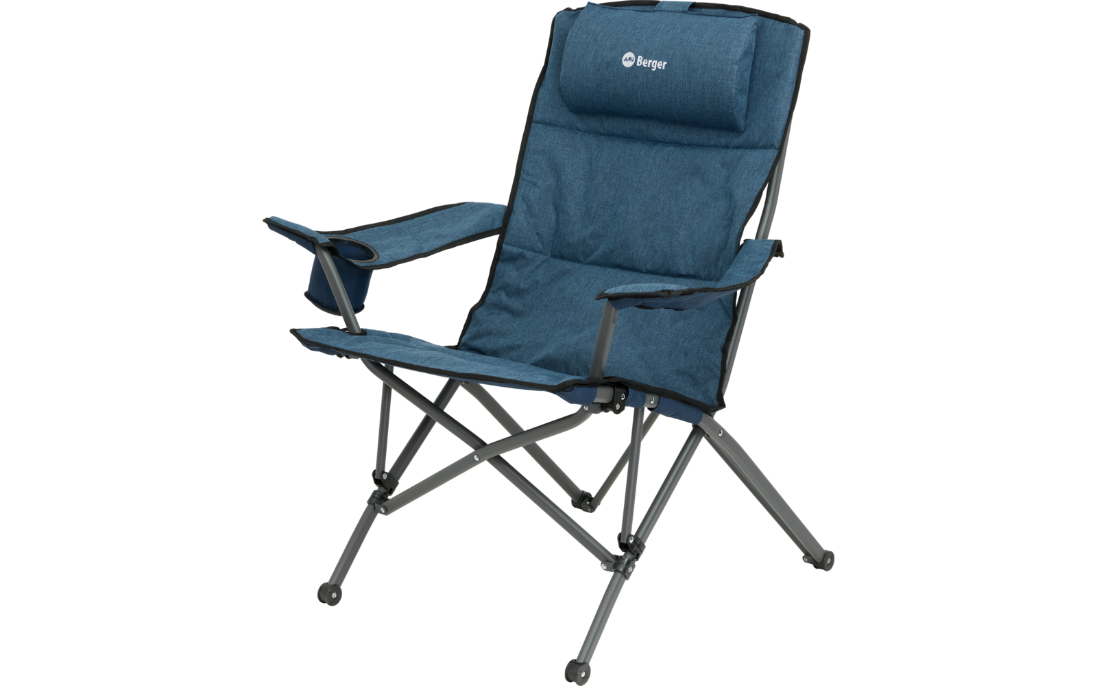 Blauer Campingstuhl mit Armlehnen und klappbarem Gestell