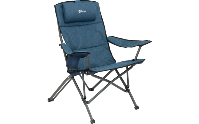 Blauer Klappstuhl mit Metallgestell und Getränkehalter