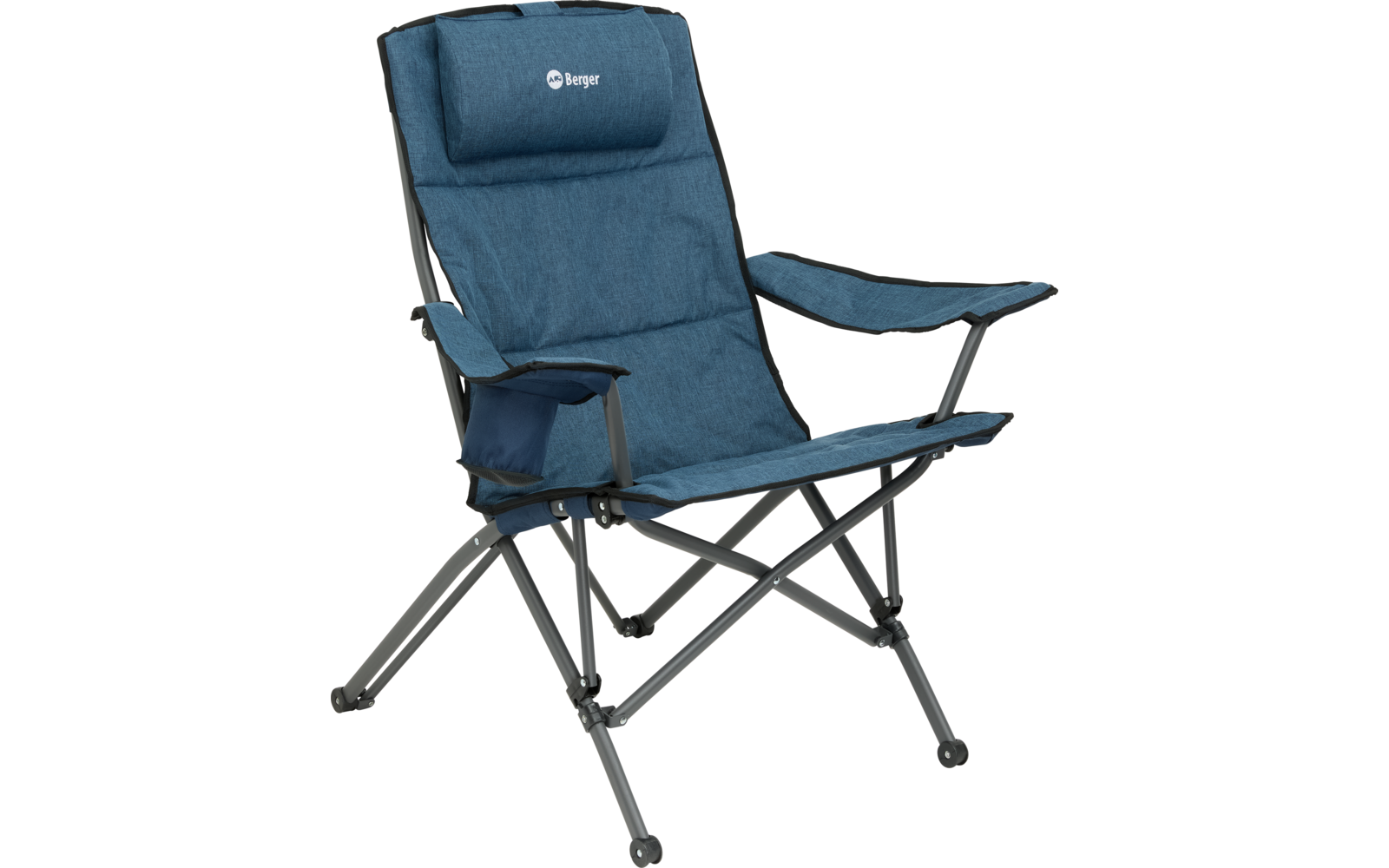 Blauer Klappstuhl mit Metallgestell und Getränkehalter