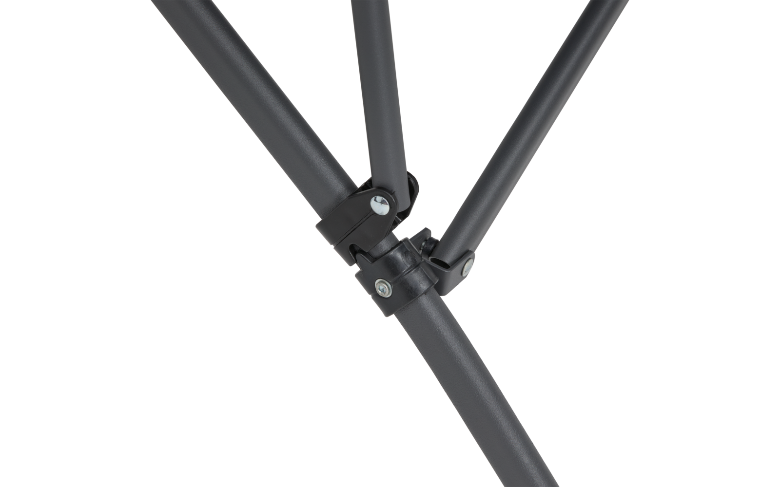 Dunkelgraue Metallrohre, verbunden durch schwarze Kunststoffklemmen mit sichtbaren silbernen Schrauben, auf weißem Hintergrund