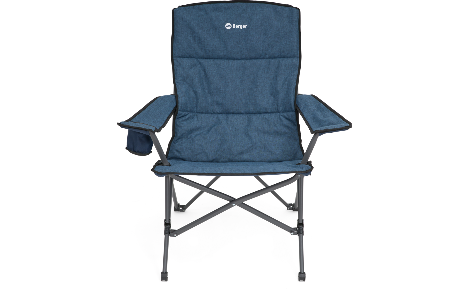 Blauer gepolsterter Klappstuhl mit Stoffbezug, Armlehnen, Getränkehalter an rechter Armlehne, schwarzes Metallgestell mit Kreuzstreben und weißem Markenlogo Berger auf der oberen Rückenlehne