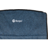 Obere Hälfte eines dunkelblauen gepolsterten Rückenteils mit weißem 'Berger'-Logo und rundem Symbol oben links; schwarzer Rand oben und rechts