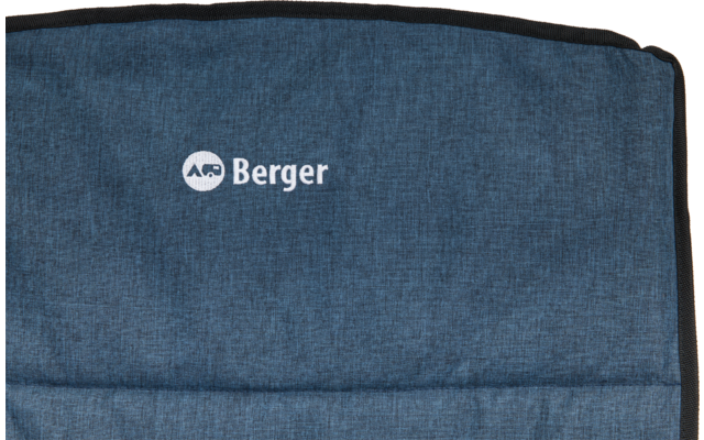 Obere Hälfte eines dunkelblauen gepolsterten Rückenteils mit weißem 'Berger'-Logo und rundem Symbol oben links; schwarzer Rand oben und rechts