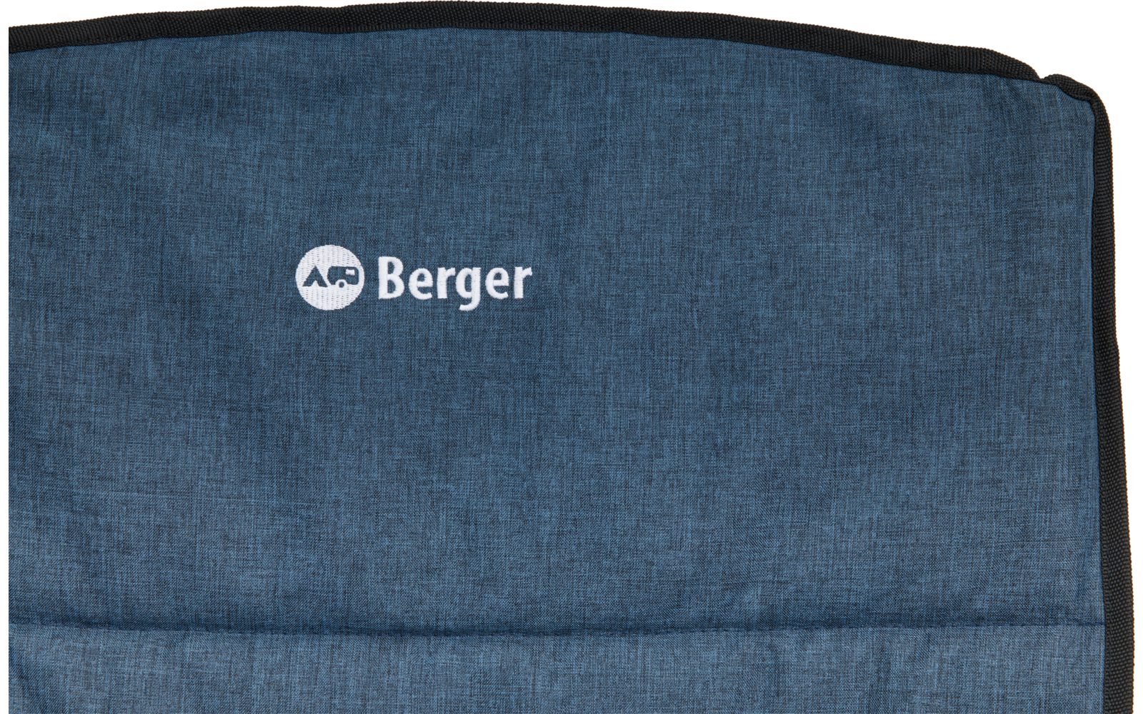 Obere Hälfte eines dunkelblauen gepolsterten Rückenteils mit weißem 'Berger'-Logo und rundem Symbol oben links; schwarzer Rand oben und rechts