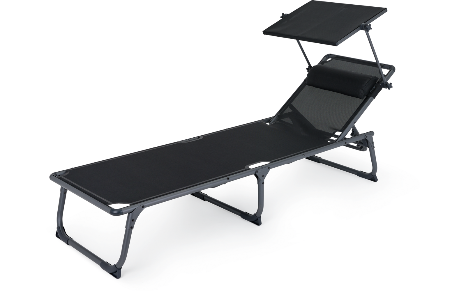 Schwarze Liege mit verstellbarer Rückenlehne auf weißem Hintergrund