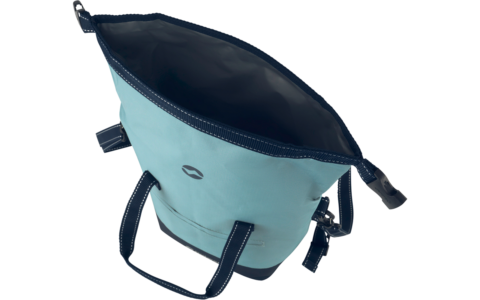 Hellblaue Stofftasche mit offener Oberseite, dunkelblauem Innenfutter, zwei Henkeln, seitlichen Riemen und kleinem rundem Logo auf der Vorderseite