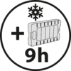 Schwarzer Kreis mit weißem Hintergrund, oben ein Schneeflockensymbol, links ein Pluszeichen, rechts ein rechteckiges Objekt mit Griff und Rillen, unten die Zahl 9h