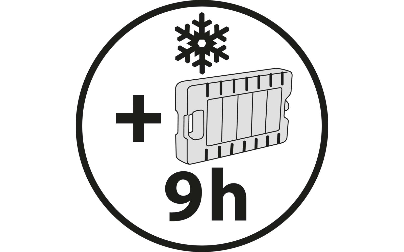 Schwarzer Kreis mit weißem Hintergrund, oben ein Schneeflockensymbol, links ein Pluszeichen, rechts ein rechteckiges Objekt mit Griff und Rillen, unten die Zahl 9h