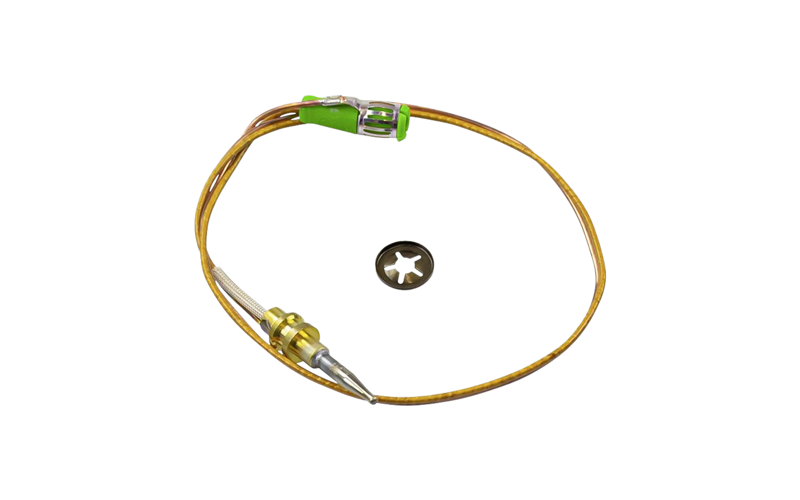 Ein dünnes Kabel mit einem grünen Anschluss und einem runden Metallteil in der Mitte