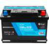 Schwarze rechteckige Batterie mit blauem Etikett, Aufschrift '12,8 V 100Ah ECO LiFePO4 LITHIUM BATTERIE', roter und blauer Pol oben
