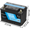 Batería negra con etiqueta azul '12,8 V 100 Ah ECO', dos bornes de latón en la parte superior, asa y leyendas de dimensiones '21,9 cm', '27,5 cm', '50 cm'