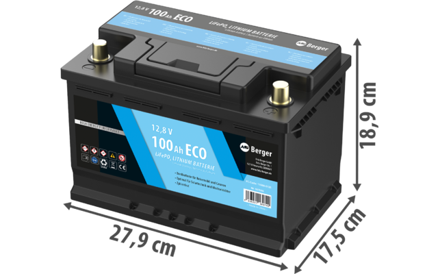 Batería negra con etiqueta azul '12,8 V 100 Ah ECO', dos bornes de latón en la parte superior, asa y leyendas de dimensiones '21,9 cm', '27,5 cm', '50 cm'