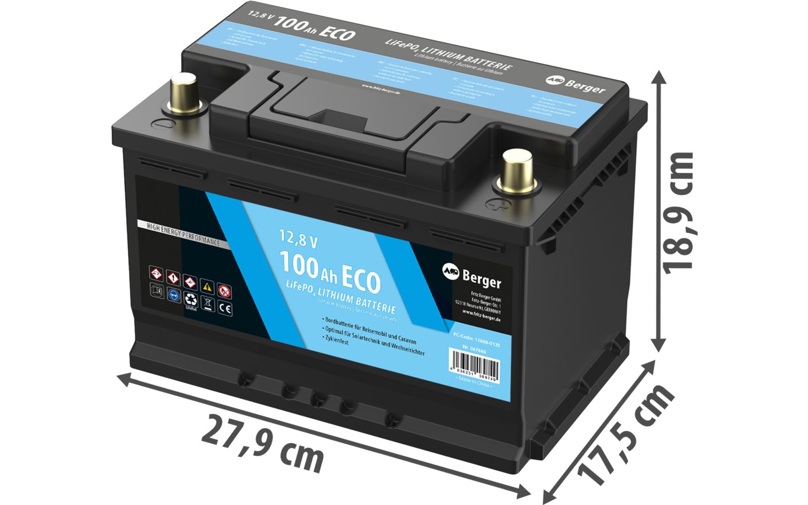 Batería negra con etiqueta azul '12,8 V 100 Ah ECO', dos bornes de latón en la parte superior, asa y leyendas de dimensiones '21,9 cm', '27,5 cm', '50 cm'