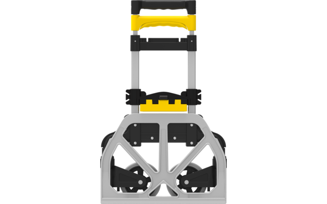 Frontansicht eines Sackkarrengestells mit ausgezogenem Teleskopgriff, gelbem Griff, silbernen Metallstangen, schwarzem Verriegelungsmechanismus, grauem Klappboden und zwei schwarzen Rädern