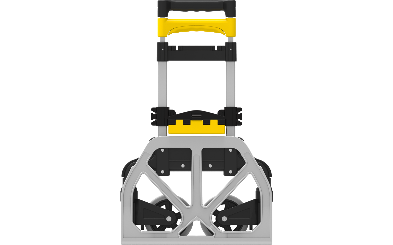 Frontansicht eines Sackkarrengestells mit ausgezogenem Teleskopgriff, gelbem Griff, silbernen Metallstangen, schwarzem Verriegelungsmechanismus, grauem Klappboden und zwei schwarzen Rädern