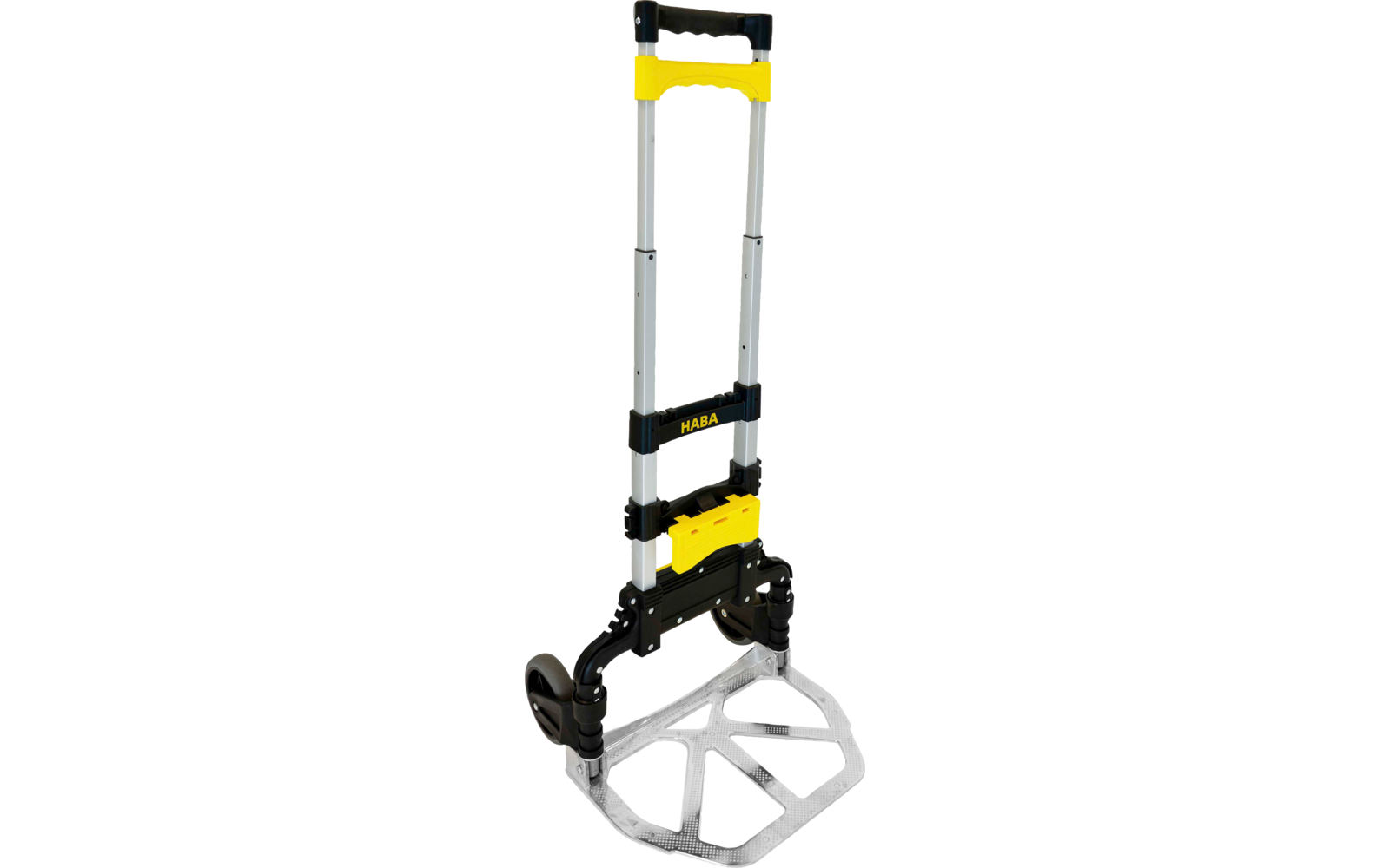 Faltbarer Transportroller mit ausziehbarem Teleskopgriff, gelben und schwarzen Kunststoffteilen, silbernem Metallrahmen, Metallbodenplatte mit Aussparungen und zwei Rädern